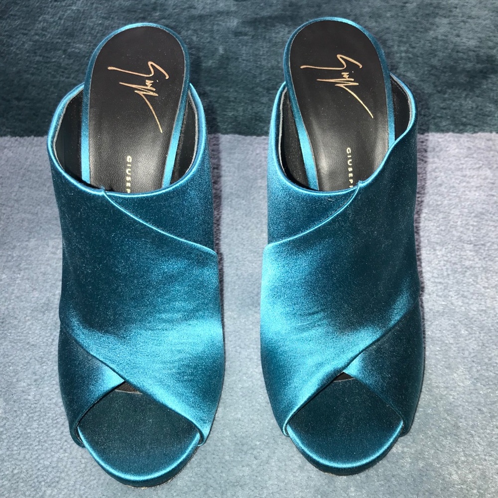 Giuseppe Zanotti Satin Mule Sandals in Turquoise